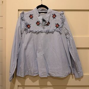 Abound Blue Striped Blouse with Floral Embroidery